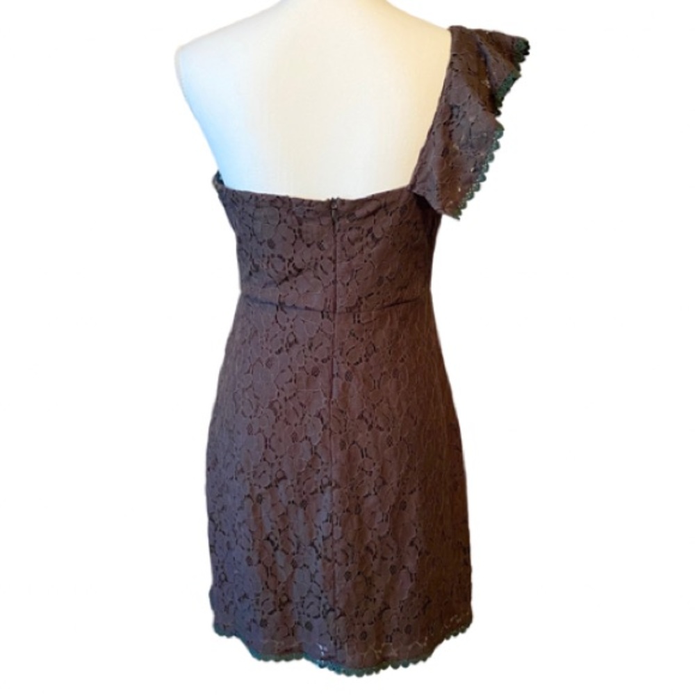 Brown Lace Ruffled One-Shoulder Sheath Dress w/ Green Trim by 5th Culture (L) - Picture 9 of 14